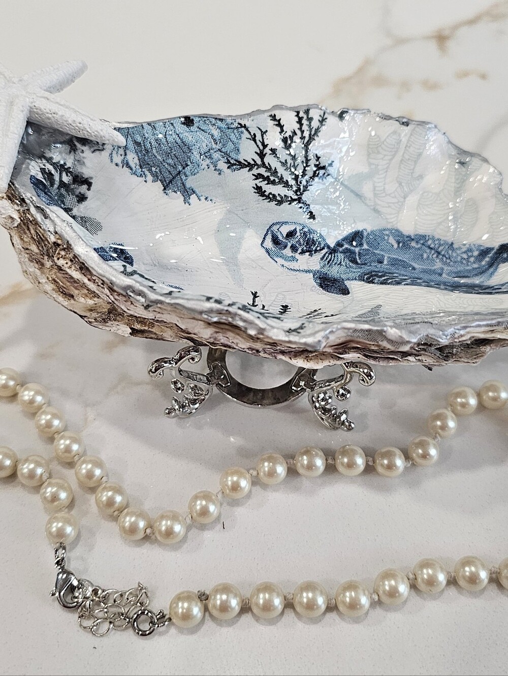 Decoupaged Handmade Oyster Shell Sea Turtle Ring Dish Or Trinket Jewelry Holder